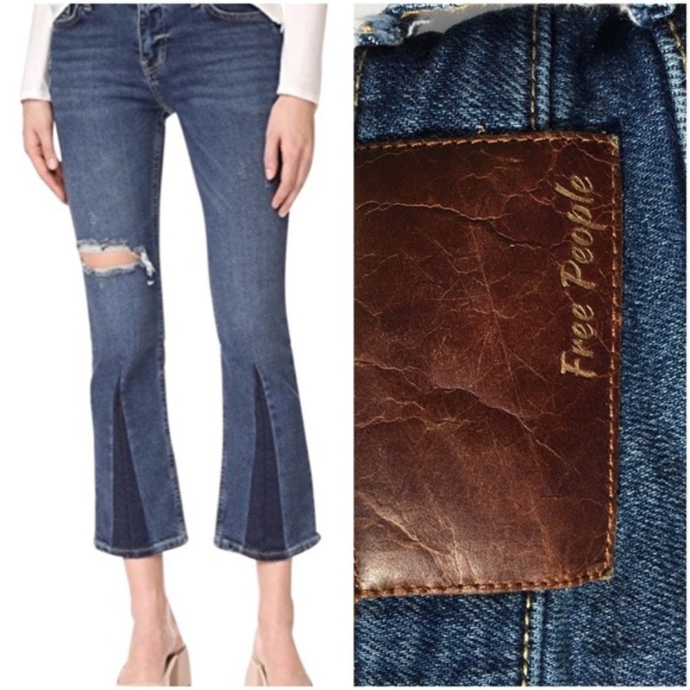 Free People Color Block Flare Leg Ankle Crop Jeans